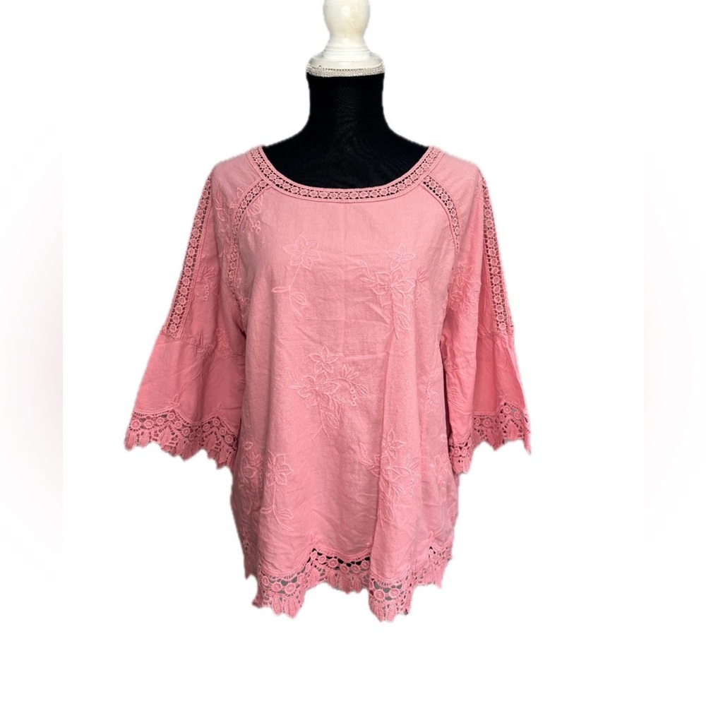 Ali Miles Pink Lace Trim Embroidered 3/4 Sleeves 100% cotton pink XL Tunic Top